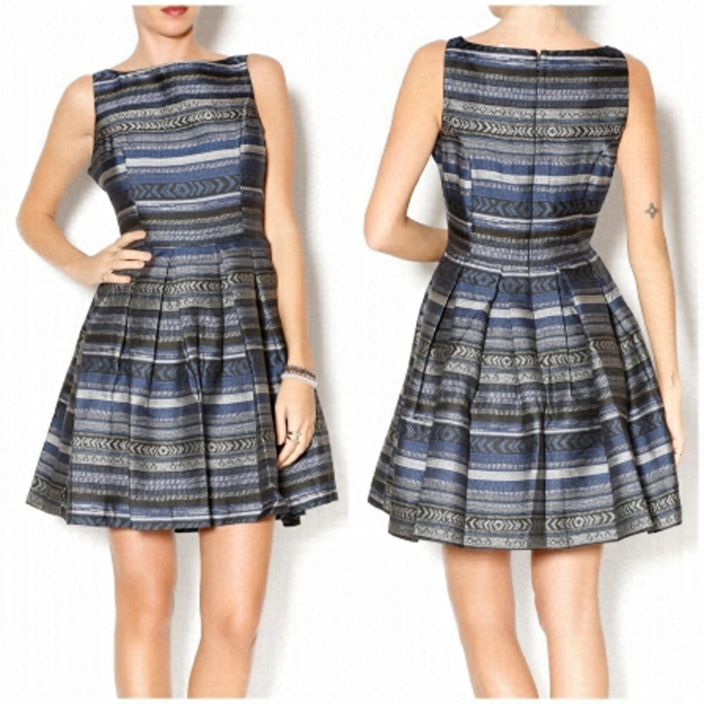 Bb Dakota Kinley Southwest Blue Grey Silver Retro Boat Neck Fit-n-Flare Dress